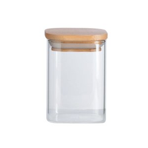 POTE HERMÉTICO DE VIDRO QUADRADO FLAT 200ML TAMPA BAMBU:Incolor