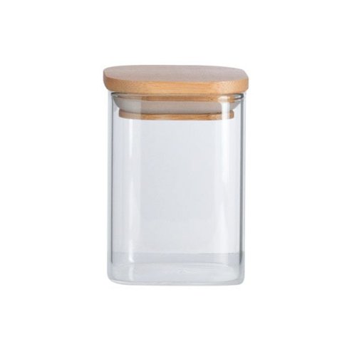 POTE HERMÉTICO DE VIDRO QUADRADO FLAT 200ML TAMPA BAMBU:Incolor