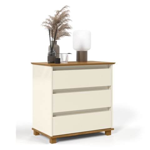 Mesa de Cabeceira 3 Gavetas Mini Cômoda EJ - beemóveis - Offwhite/Freijó