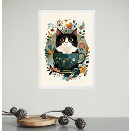 Quadro Decorativo Gatinho na Xícara de Chá 33x24cm - com Vidro:moldura Branca - 1 Quadro Decorativo Gatinho na Xícara de Chá 33x24cm - com Vidro:moldura Branca - 1