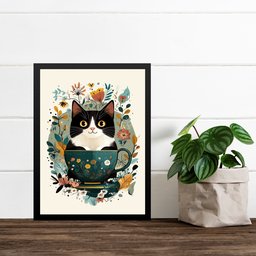 Quadro Decorativo Gatinho na Xícara de Chá 33x24cm - com Vidro:moldura Branca - 2 Quadro Decorativo Gatinho na Xícara de Chá 33x24cm - com Vidro:moldura Branca - 2