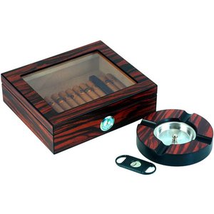 Caixa Umidora de Charutos Tampa em Vidro Kit com Cinzeiro e Cortador Ebony Set