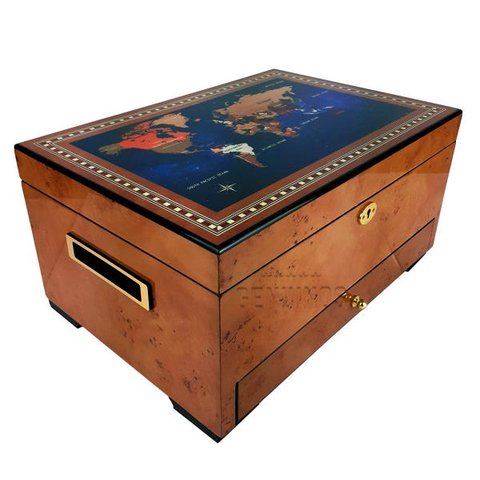 Caixa Umidificadora de Charutos com Gaveta Design Luxuoso Mapa Mundi