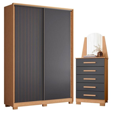Guarda Roupa Solteiro Frizatto 02 Portas de Correr e Cômoda New Veneza Freijo Titanium - Móveis Alba