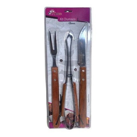 Kit Churrasco Inox Faca + 2 Peças com Cabo de Madeira 35cm