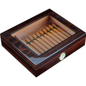 Caixa Umidora de Charutos Com Higrômetro Externo Tampa em Vidro Zebra Walnut