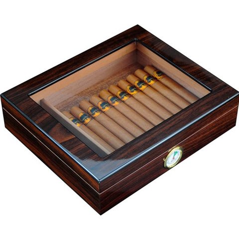 Caixa Umidora de Charutos Com Higrômetro Externo Tampa em Vidro Zebra Walnut