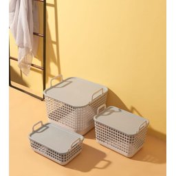 CAIXA ORGANIZADORA CESTO DE PLÁSTICO EMPILHÁVEL COM TAMPA:Branco/Cinza - 3