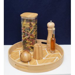 Bandeja Redonda De Bambu Servir Decorar estampada chevron:Bambu e Branco - 2