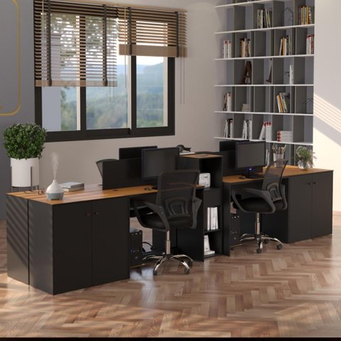 Estação de Trabalho 4 Lugares Office Smart 4 Mesas 2 Armários 4 Aparador - Preto e Cedro