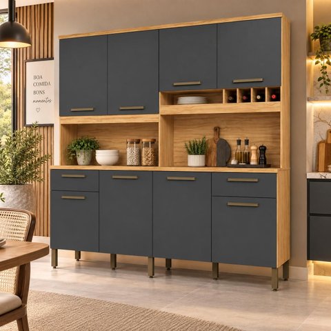 Cozinha Compacta 100% MDF 8 Portas 2 Gavetas Carbenet Prime Amendoa / Chumbo Ronipa