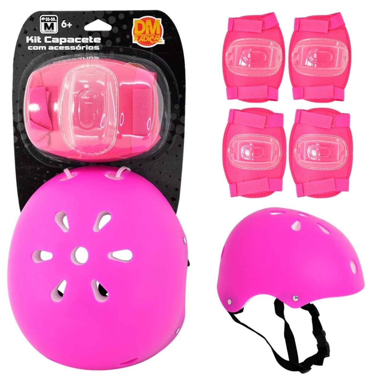 Kit Proteção Capacete Joelheiras Cotoveleiras Rosa - DmToys 6154