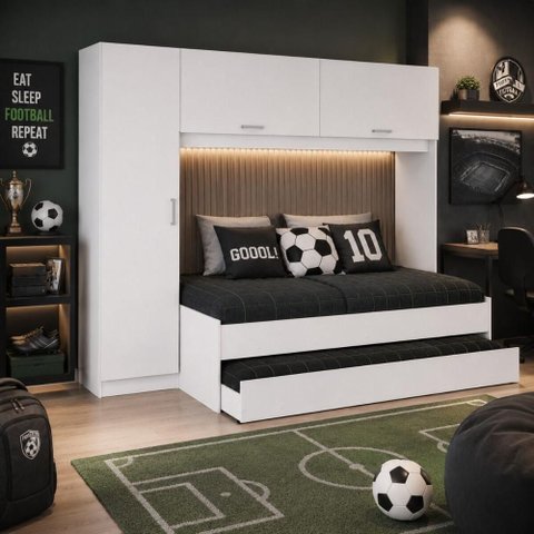 Bicama Menino com Guarda-Roupa e Colchões Inclusos 3 Portas Pulse Multimóveis MP4859 Branco