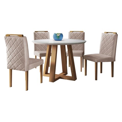 Conjunto Sala de Jantar Topazio 4 Lugares em Madeira Maciça Mesa Redonda 1,0m e 4 Cadeiras Moveis Mi