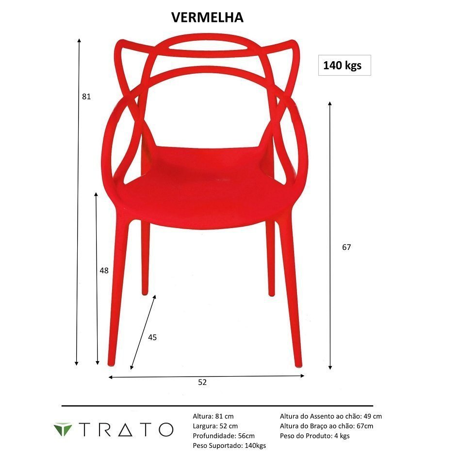 Kit 2 Cadeiras Allegra Design Cozinha Sala de Estar Jantar Empilhável - Vermelho - 4