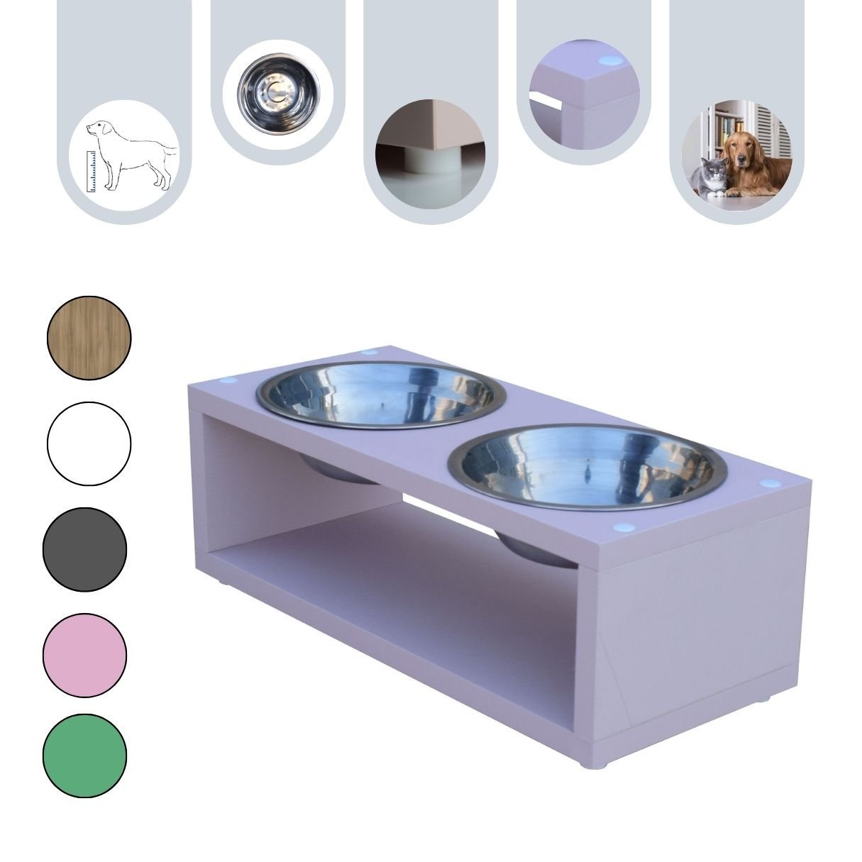 Comedouro Elevado Duplo Pet Gato Cachorro Mdf Luke - Inox - Rose