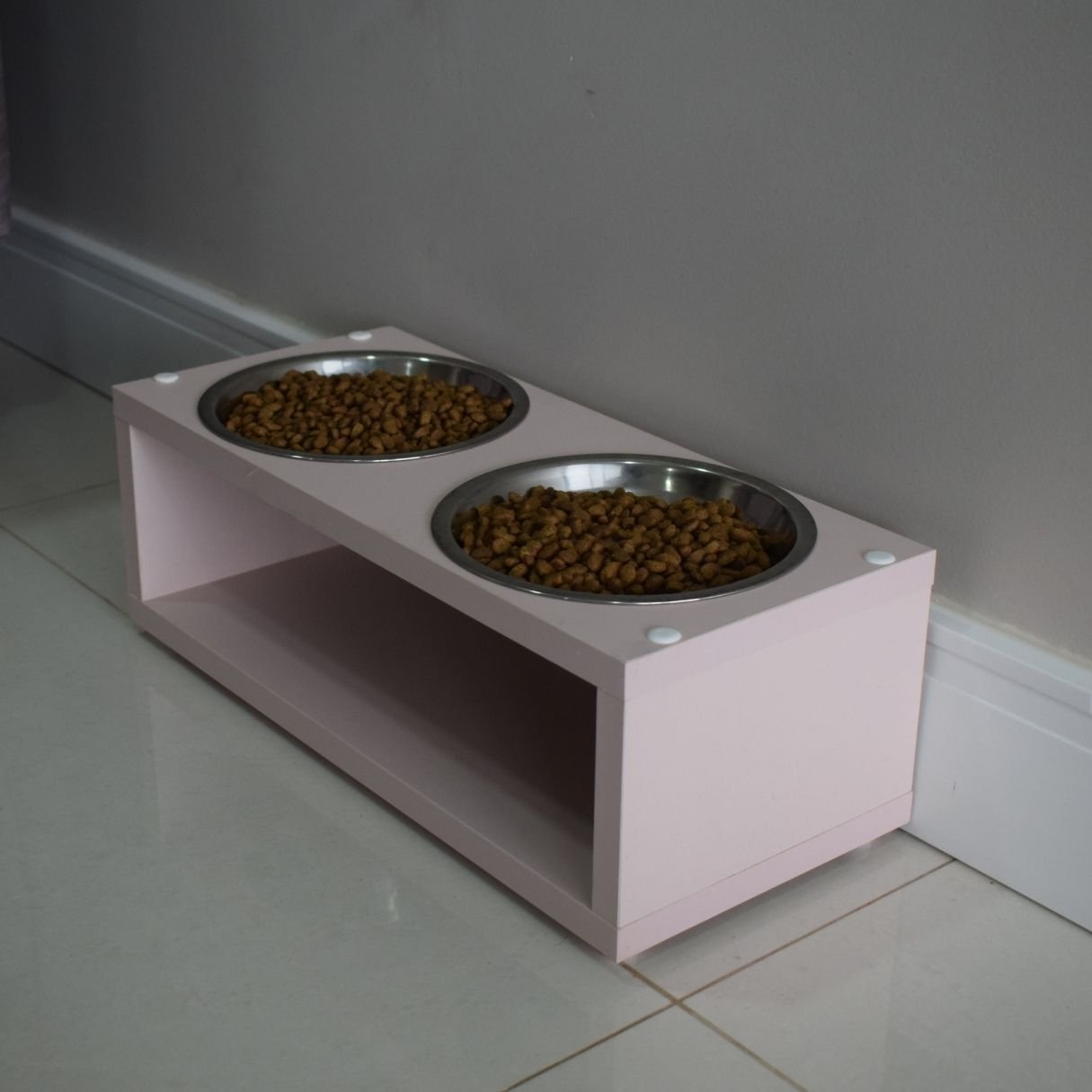 Comedouro Elevado Duplo Pet Gato Cachorro Mdf Luke - Inox - Rose - 5