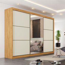 Guarda Roupa Bragança 3 Portas Espelhada 100% Mdf Peroba Off White - Móveis Europa - 1