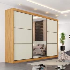 Guarda Roupa Bragança 3 Portas Espelhada 100% Mdf Peroba Off White - Móveis Europa