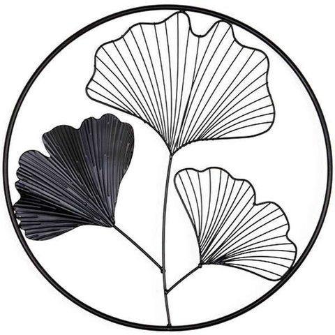 Adorno de Parede Redondo Metal C/3 Folhas de Ginkgo Biloba Preto 45,5cm Mart