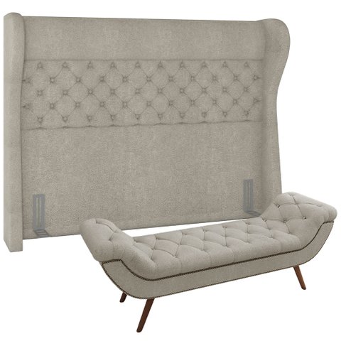Kit Cabeceira Cama Box Queen 160 Cm Madrid com Puff Recamier Santorini Bouclê Creme - Lyam Decor