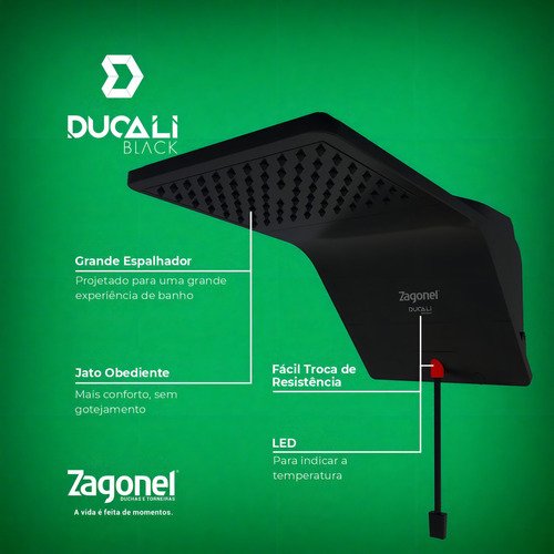 Chuveiro Ducha Eletrônica Ducali com Led Zagonel - Preta 220v - 6