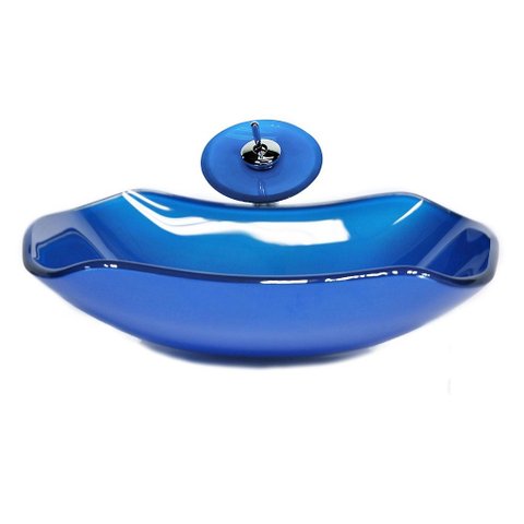 Cuba de Vidro Abaulada 51cm Azul Escuro + Valvula + Torneira Cascata