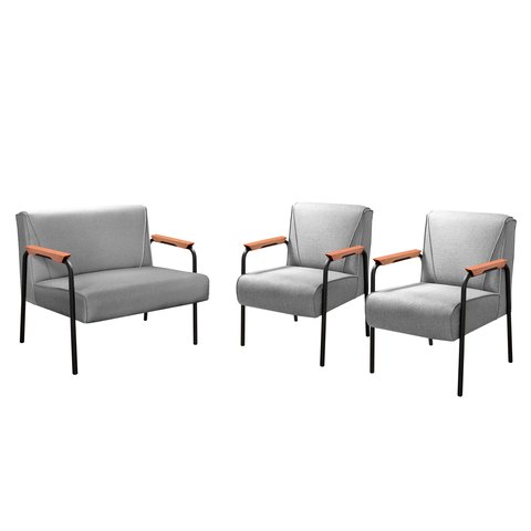 Conjunto Namoradeira e 2 Poltronas Jade Braços Fixo - Linho Cinza
