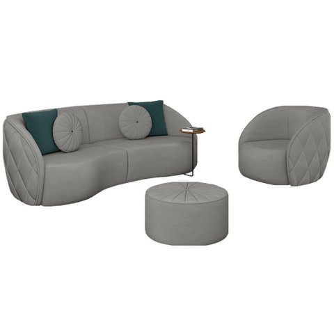 Conjunto Decorativo Sofá 240cm e Poltrona Clarke com Puff Round Veludo Cinza Claro - Gran Belo