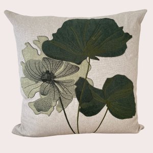 Capa de Almofada Linho Bordada Floral Verde 50cm