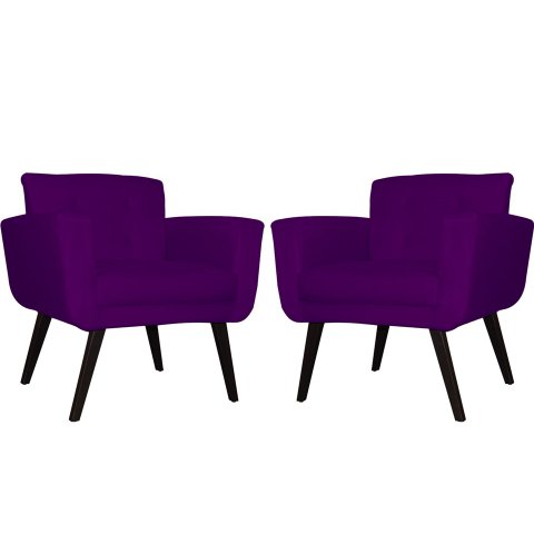Kit 2 Poltronas Decorativa Geovana Suede Roxo Pés Madeira Mz Decor