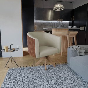 Poltrona Luiza Base Giratória de Madeira Couro Ecológico Nozes e Linho Bege - Doce Sonho Móveis P1/L
