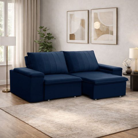 Sofá 3 Lugares Retrátil Reclinável para Sala 205cm Malfati F04 Veludo Azul - Lyam Decor