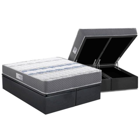Cama Box Baú Queen: Colchão Ortopédico Herval D60 / Ag65 Timeless + Base Crc Suede Gray (158x198)