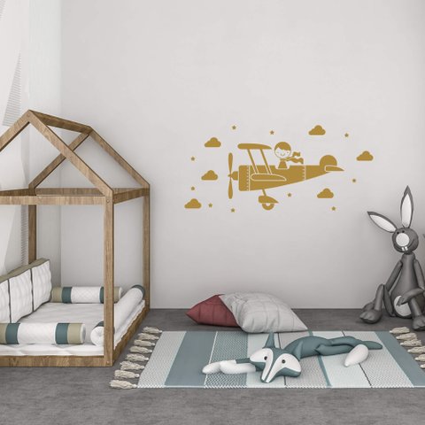 Adesivo de Parede Avião Piloto Nuvens e Estrelas Decoração Quarto Menino Kanto Store Dourado