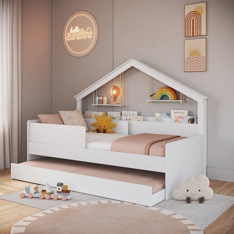 Cama Infantil Moldura Casinha com Colchões 0,88 x 1,88 Inclusos com Cama Auxiliar Branco