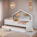 Ver imagem 1 de Cama Infantil Moldura Casinha com Colchões 0,88 x 1,88 Inclusos com Cama Auxiliar Branco