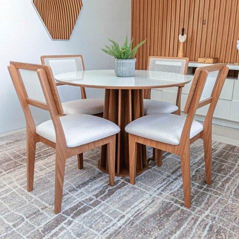 Kit Mesa de Jantar Redonda 4 Cadeiras Enconto Tela 100% Mdf Branco Dalla Costa