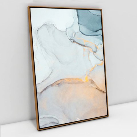 Quadro Decorativo em Canvas Abstrato Mármore Gold Blue TaColado Moldura Flutuante 4,5cm Freijó 120 x