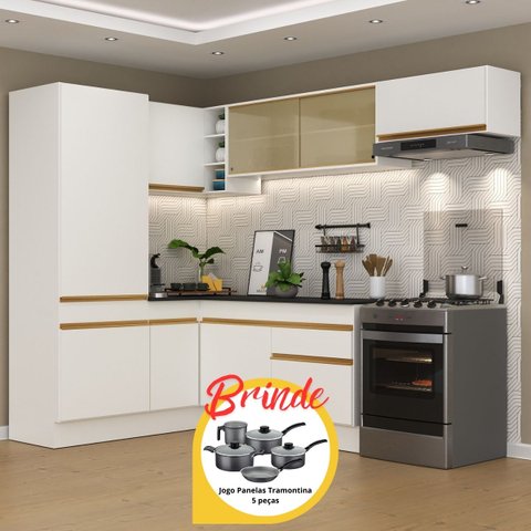 Armário Cozinha Completa Canto Veneza Mp2086 Multimóveis Branco + Brinde Jogo de Panelas Tramontina