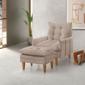 Poltrona Khali Reclinavel com Puff Apoio P/ Pés em Veludo:bege