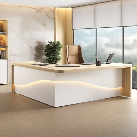 Mesa Diretor em L com Luz de LED Elegante 4 Gavetas 2 Portas Tamburato Supreme Branco/Carvalho Artan