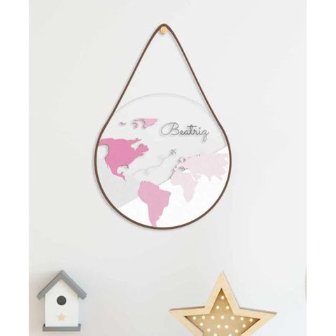 Placa de Acrílico Transparente com Nome 3D Mapa Mundi Rosa