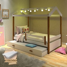 Bicama Solteiro com Colchões e Led Casinha Montessoriana Eliz Proteção Branco/mel - 1