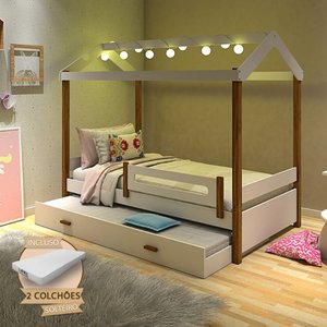 Bicama Solteiro com Colchões e Led Casinha Montessoriana Eliz Proteção Branco/mel