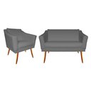 Ver imagem 1 de Kit Namoradeira + 1 Poltrona Decorativa Agatha Suede Cinza Pés Madeira Mz Decor