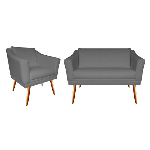 Kit Namoradeira + 1 Poltrona Decorativa Agatha Suede Cinza Pés Madeira Mz Decor