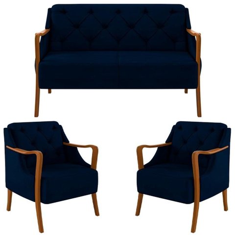 Kit Namoradeira 135cm e 2 Poltronas Decorativas Capitonê Lapa M22 Veludo Azul Marinho - Mpozenato