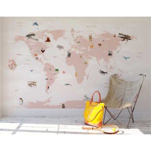 Papel de Parede Painel Mapa Mundi Rosa