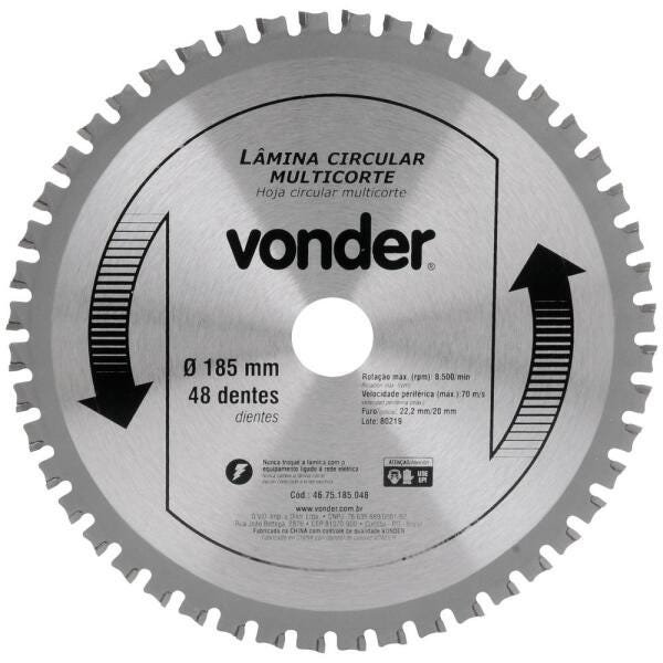 Lamina Circular Multicorte 185mm X 48 Dentes Ideal para Serras 4675185048 Vonder